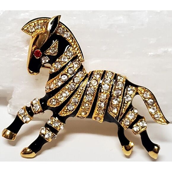 VTG Brooch Zebra Prancing Rhinestones Black Enamel/ Gold/Ruby Eye Stamped 11089 - Picture 3 of 12